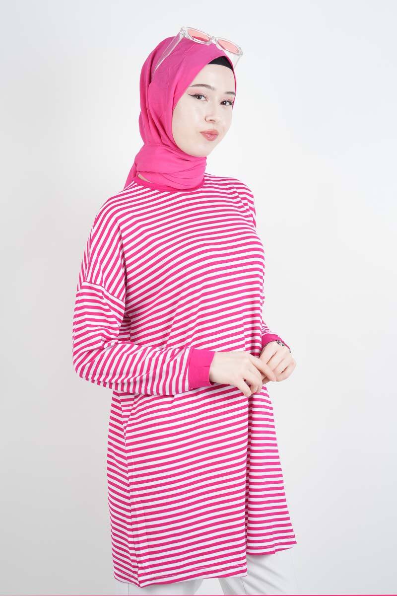 Tesettür Tunik İnce Çizgili Penye Tunik Koyu Pembe - 3
