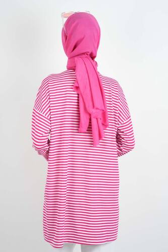 Tesettür Tunik İnce Çizgili Penye Tunik Koyu Pembe - 4