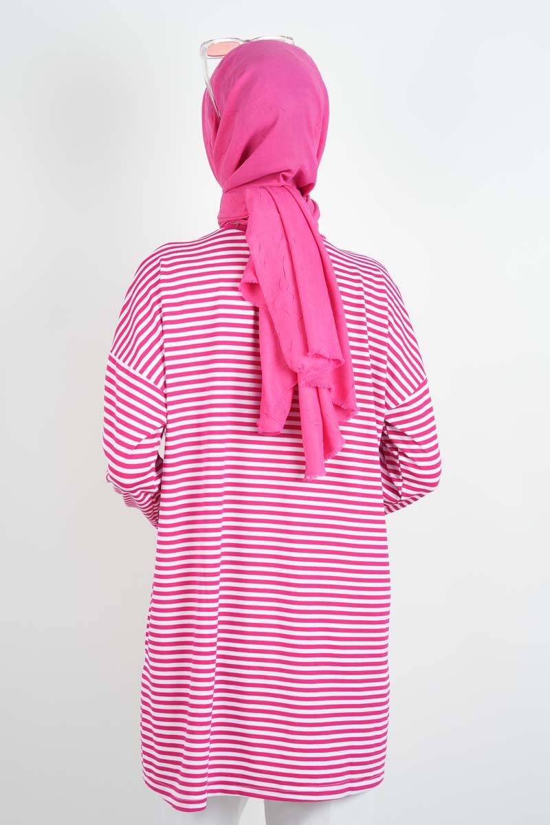 Tesettür Tunik İnce Çizgili Penye Tunik Koyu Pembe - 4