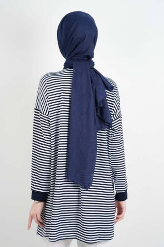 Tesettür Tunik İnce Çizgili Penye Tunik Lacivert - 4
