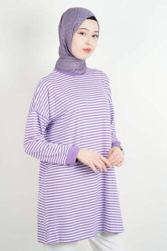 Tesettür Tunik İnce Çizgili Penye Tunik Lila - 3