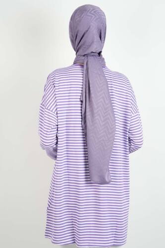 Tesettür Tunik İnce Çizgili Penye Tunik Lila - 4
