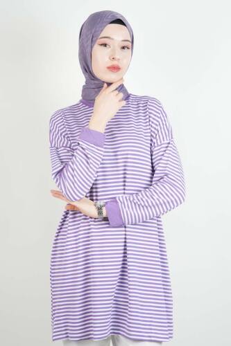 Tesettür Tunik İnce Çizgili Penye Tunik Lila - 03Kız Kulesi Teks