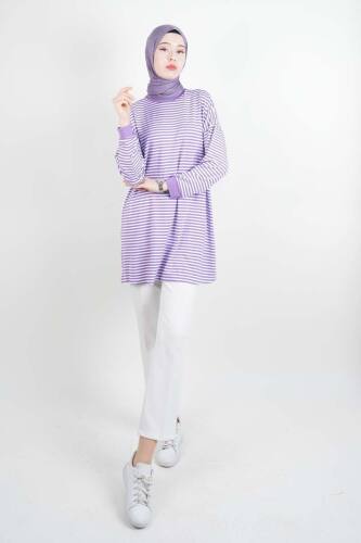 Tesettür Tunik İnce Çizgili Penye Tunik Lila - 03Kız Kulesi Teks (1)