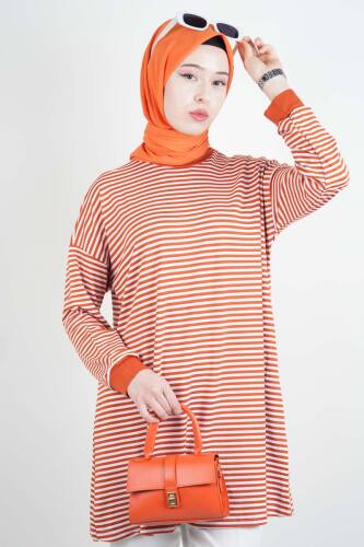 Tesettür Tunik İnce Çizgili Penye Tunik Turuncu 