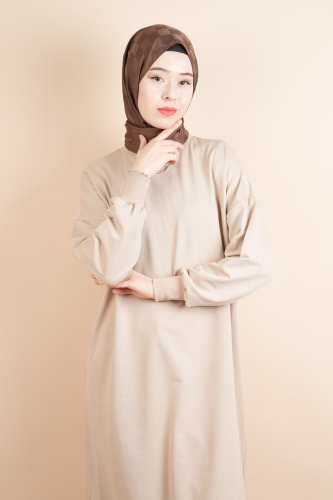 Tesettür Uzun Sweat Basic Soul Amblemli Sweat Bej 