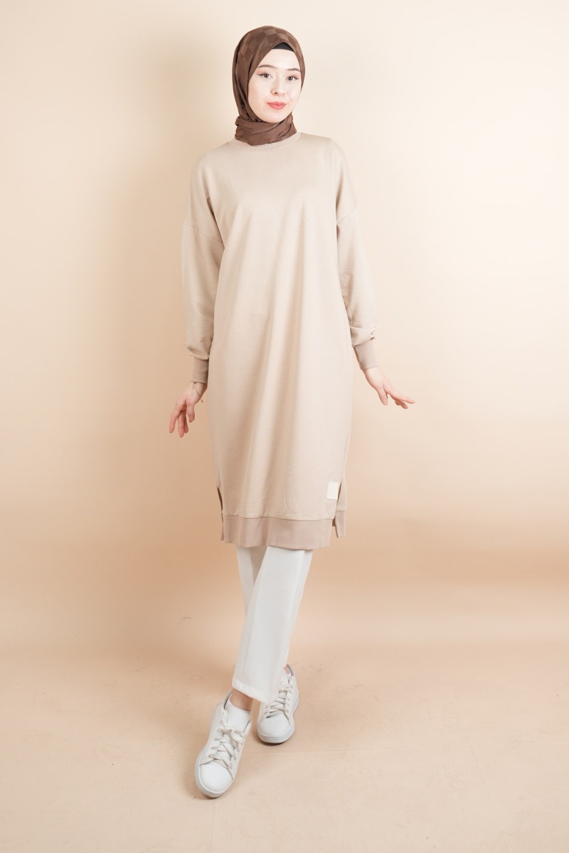 Tesettür Uzun Sweat Basic Soul Amblemli Sweat Bej - 2