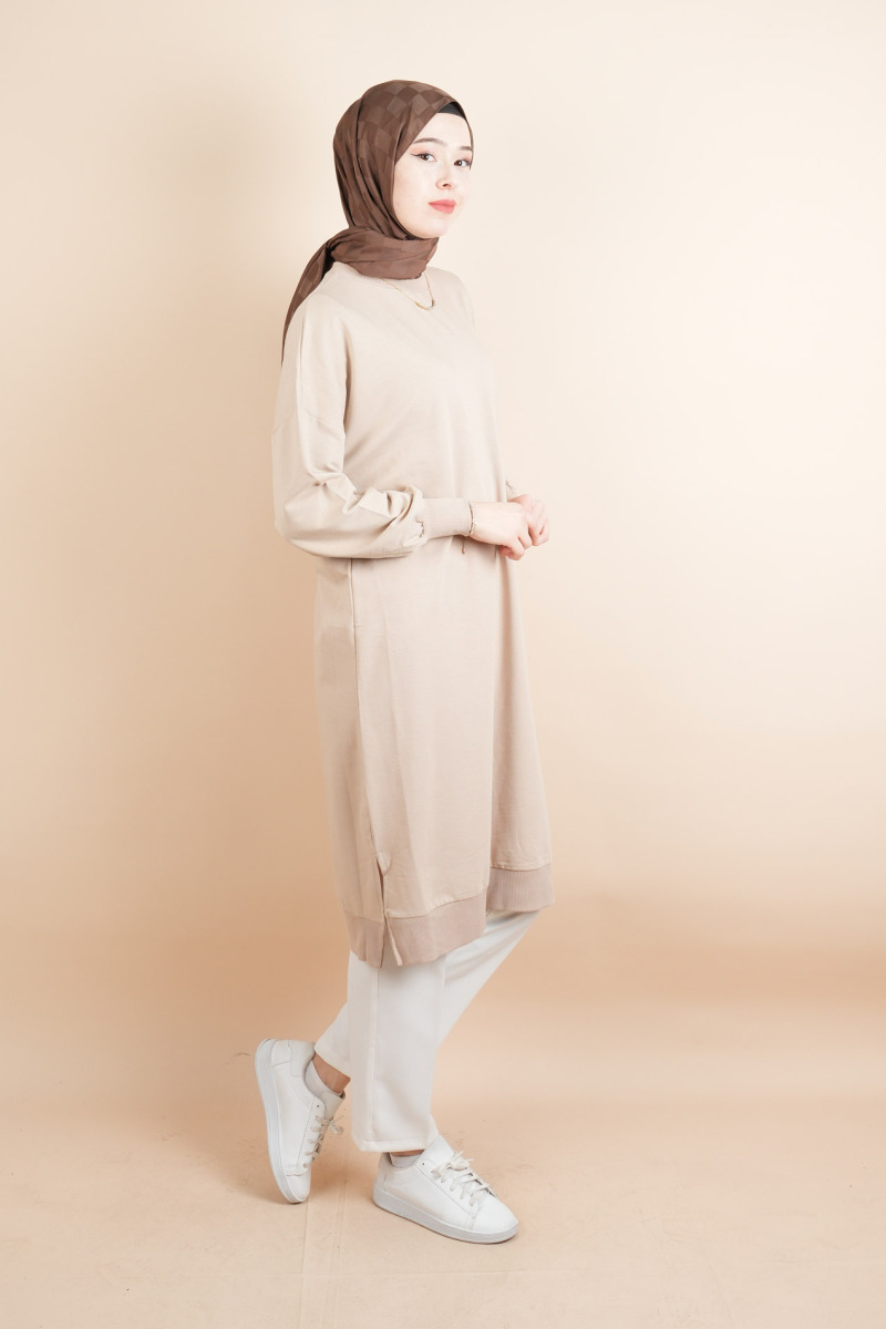 Tesettür Uzun Sweat Basic Soul Amblemli Sweat Bej - 3