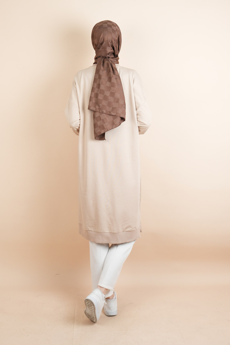 Tesettür Uzun Sweat Basic Soul Amblemli Sweat Bej - 4