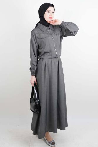 Tesettür Viskon Takım Üst Fermuar Ceketli Elbise Antrasit - 03Kız Kulesi Teks