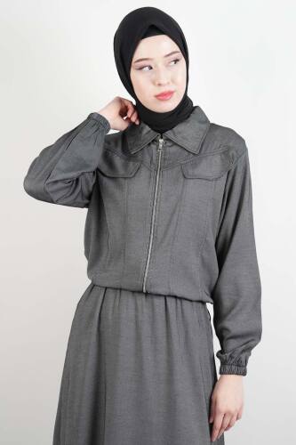 Tesettür Viskon Takım Üst Fermuar Ceketli Elbise Antrasit - 03Kız Kulesi Teks (1)