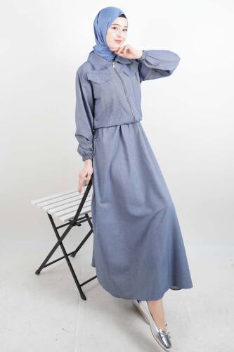 Tesettür Viskon Takım Üst Fermuar Ceketli Elbise Mavi - 03Kız Kulesi Teks