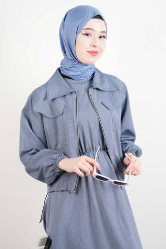 Tesettür Viskon Takım Üst Fermuar Ceketli Elbise Mavi - 03Kız Kulesi Teks (1)
