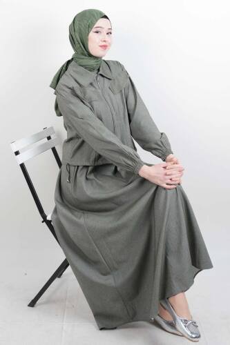 Tesettür Viskon Takım Üst Fermuar Ceketli Elbise Yeşil - 03Kız Kulesi Teks