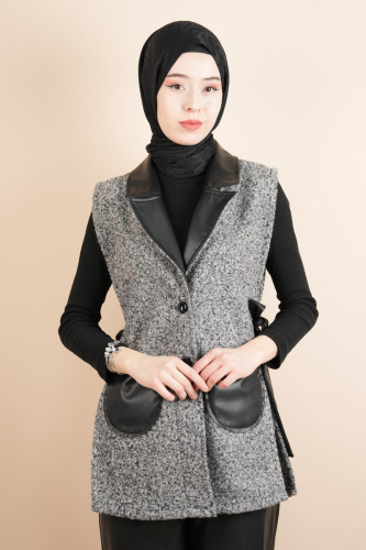 Tesettür Yelek Deri Detaylı Yandan Bağlamalı Teddy Yelek Gri - 03Kız Kulesi Teks