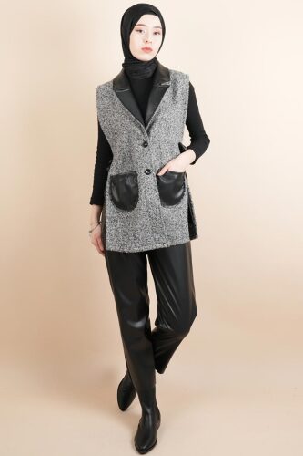 Tesettür Yelek Deri Detaylı Yandan Bağlamalı Teddy Yelek Gri - 03Kız Kulesi Teks (1)