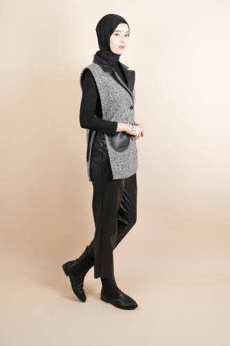 Tesettür Yelek Deri Detaylı Yandan Bağlamalı Teddy Yelek Gri - 3