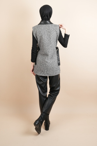 Tesettür Yelek Deri Detaylı Yandan Bağlamalı Teddy Yelek Gri - 4