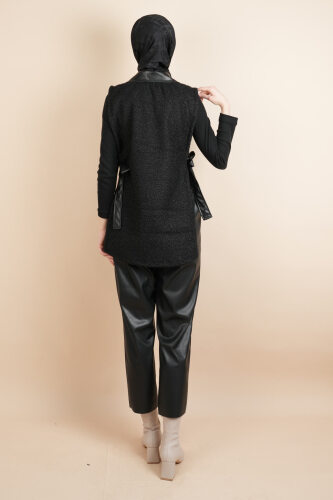 Tesettür Yelek Deri Detaylı Yandan Bağlamalı Teddy Yelek Siyah - 3