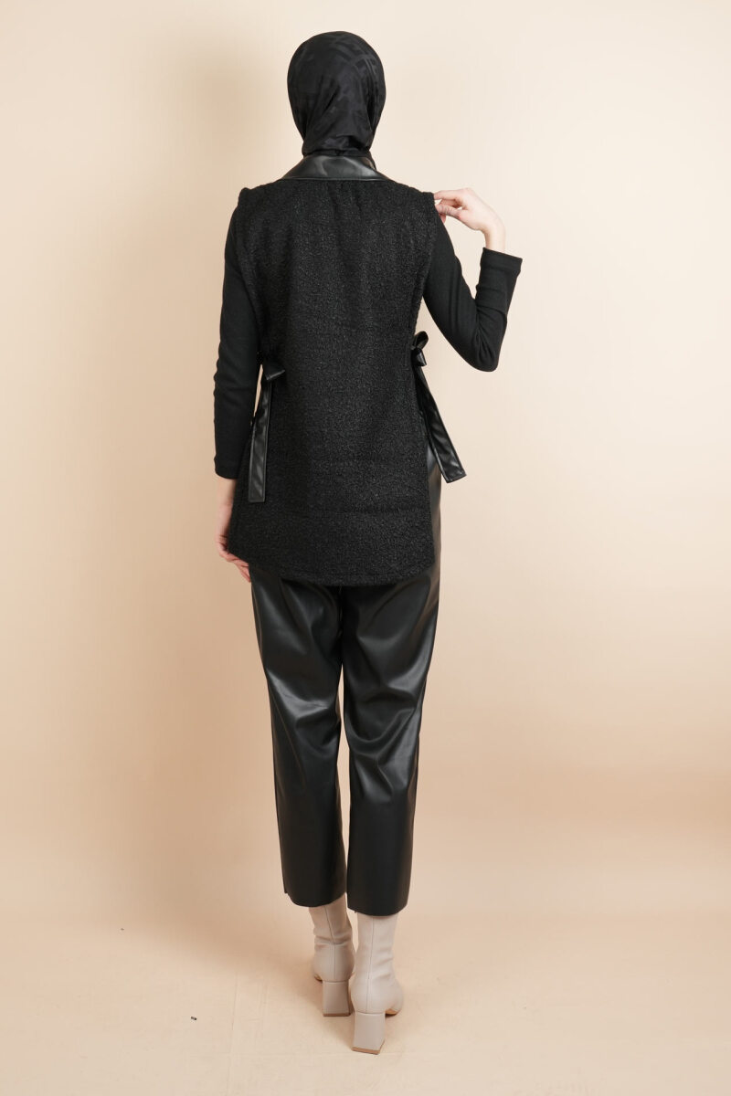 Tesettür Yelek Deri Detaylı Yandan Bağlamalı Teddy Yelek Siyah - 3