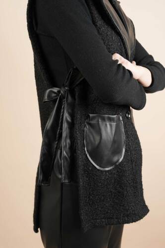 Tesettür Yelek Deri Detaylı Yandan Bağlamalı Teddy Yelek Siyah - 4