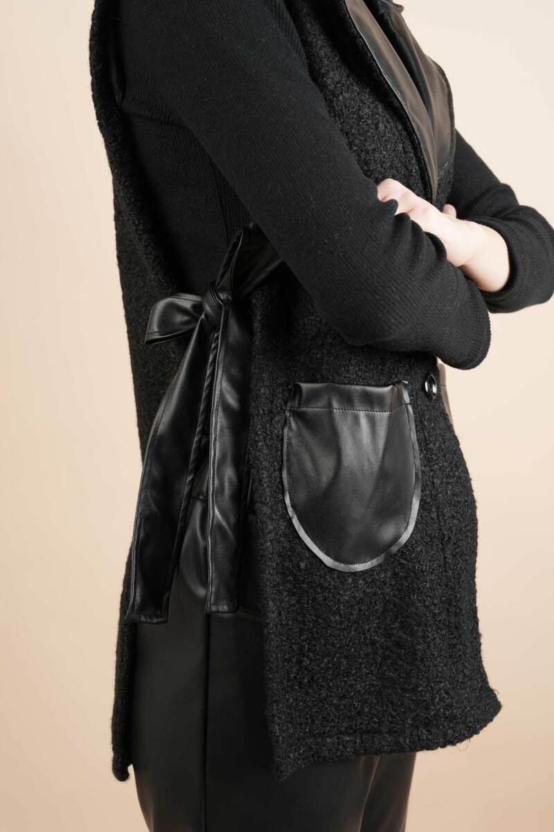 Tesettür Yelek Deri Detaylı Yandan Bağlamalı Teddy Yelek Siyah - 4