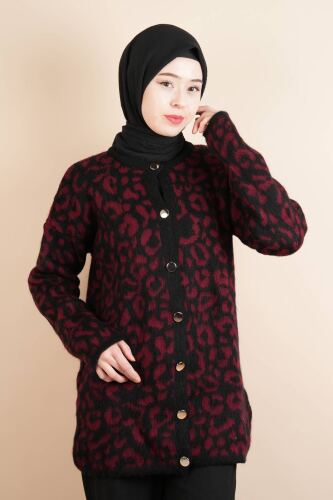 Tesettür Yumoş Hırka Leoparlı Düğmeli Uzun Yumoş Hırka Bordo 