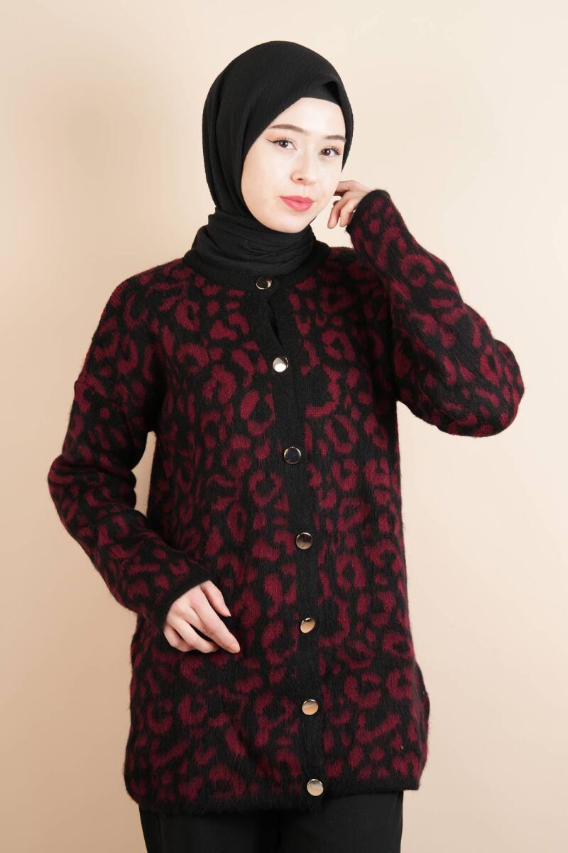 Tesettür Yumoş Hırka Leoparlı Düğmeli Uzun Yumoş Hırka Bordo - 1