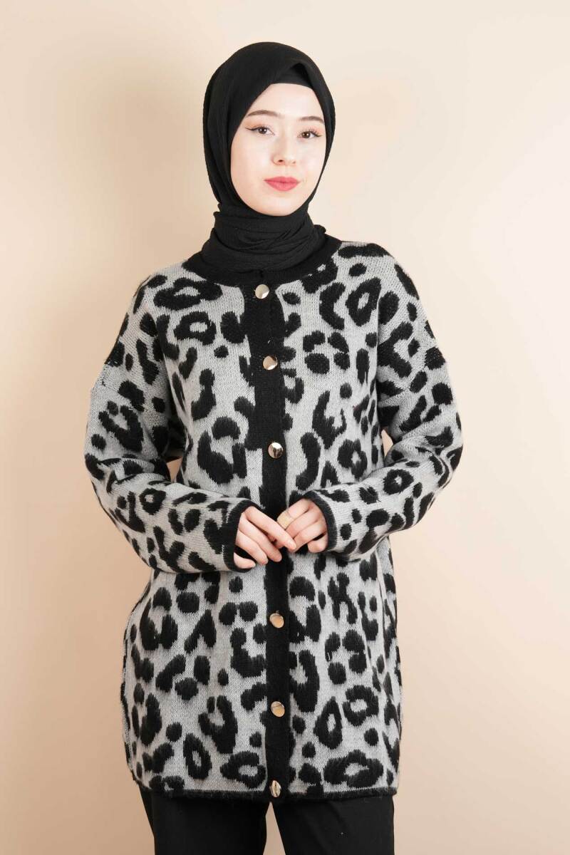Tesettür Yumoş Hırka Leoparlı Düğmeli Uzun Yumoş Hırka Gri - 1