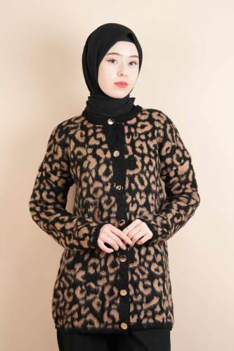 Tesettür Yumoş Hırka Leoparlı Düğmeli Uzun Yumoş Hırka siyah 