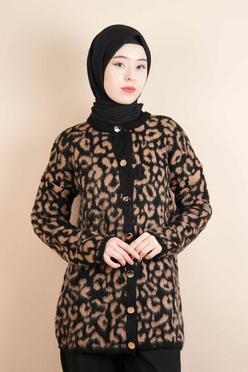 Tesettür Yumoş Hırka Leoparlı Düğmeli Uzun Yumoş Hırka siyah - 1