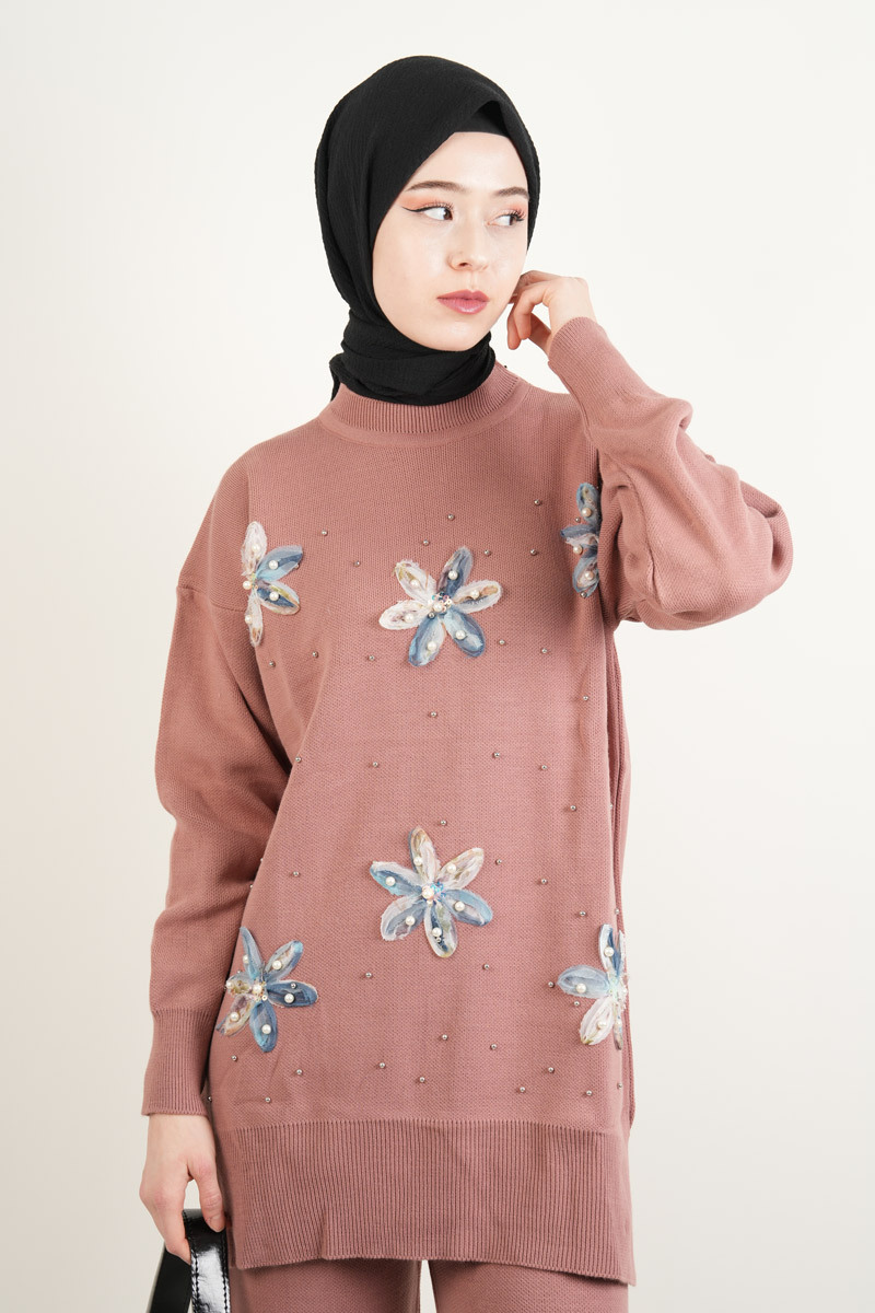 Triko Takım Taş Detaylı Çiçek Baskılı Takım - Pembe - 3