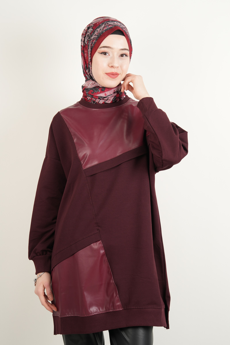 Tesettür Tunik Deri Detaylı Tunik Bordo - 1