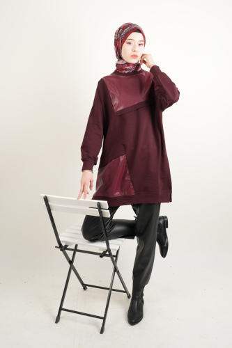 Tesettür Tunik Deri Detaylı Tunik Bordo - 2