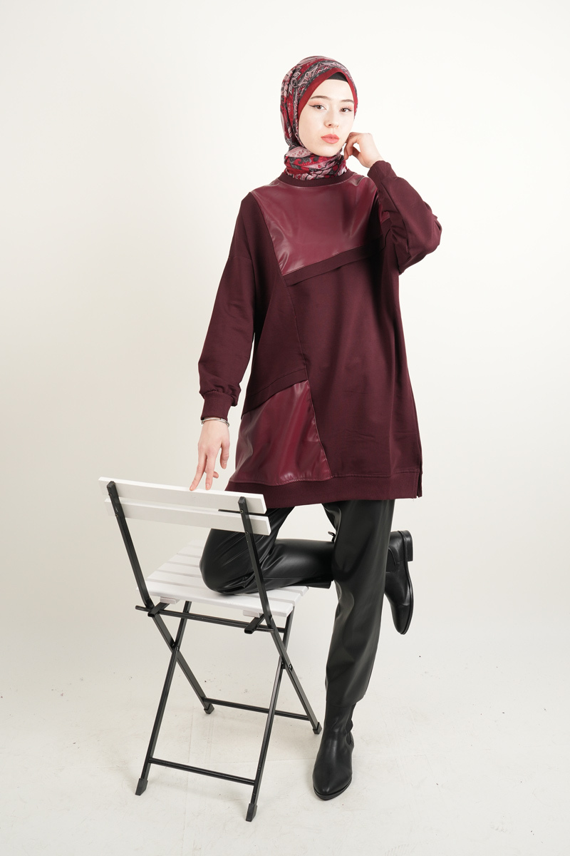 Tesettür Tunik Deri Detaylı Tunik Bordo - 2