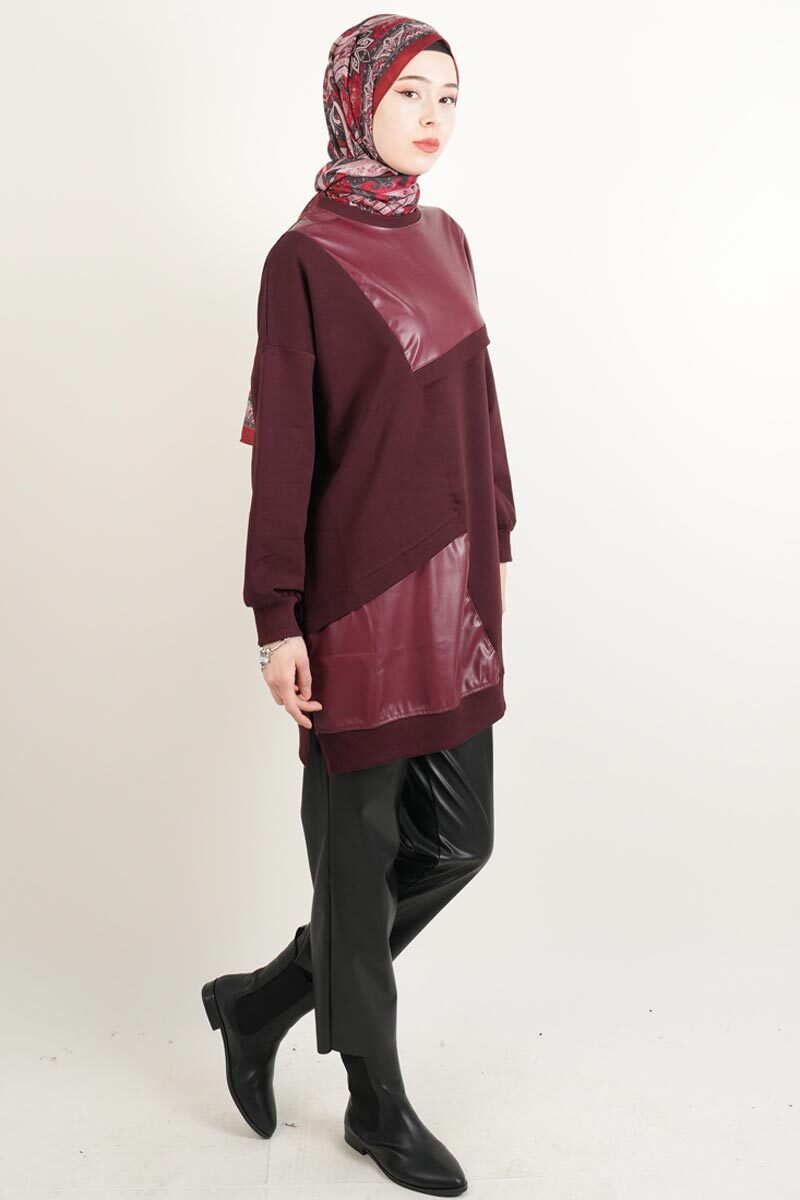 Tesettür Tunik Deri Detaylı Tunik Bordo - 3