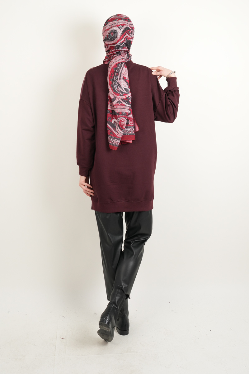 Tesettür Tunik Deri Detaylı Tunik Bordo - 4
