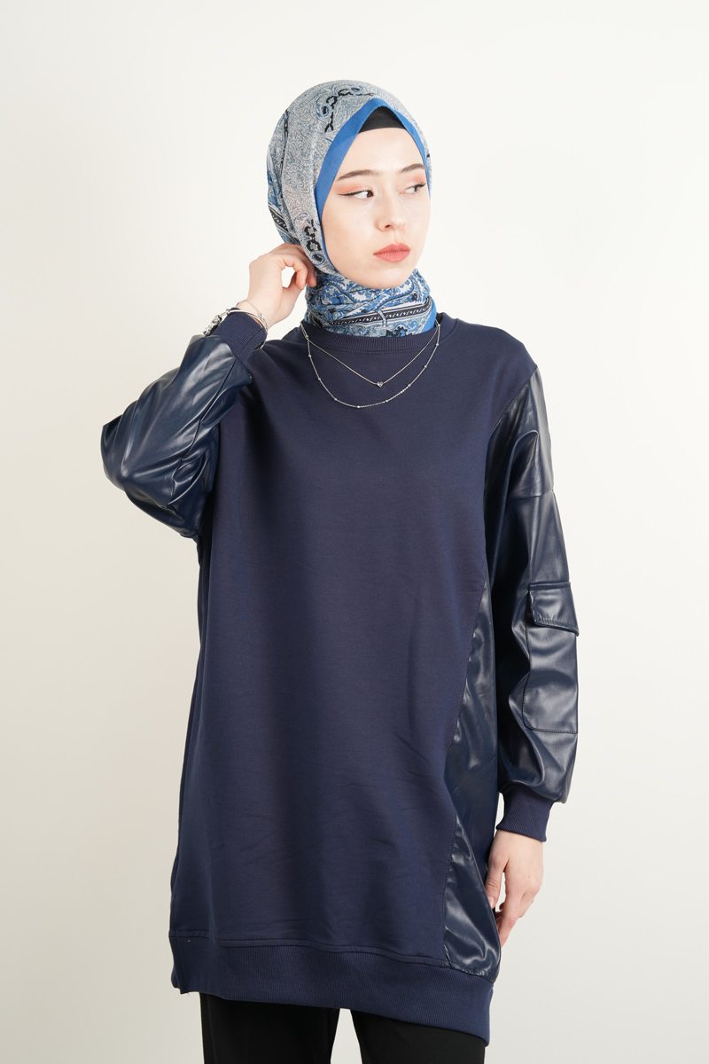 Tunik Omuz - Kol Deri Cep Detaylı Tunik Lacivert - 1