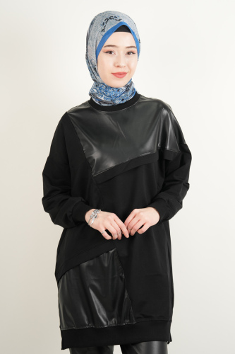Tesettür Tunik Deri Detaylı Tunik Siyah 