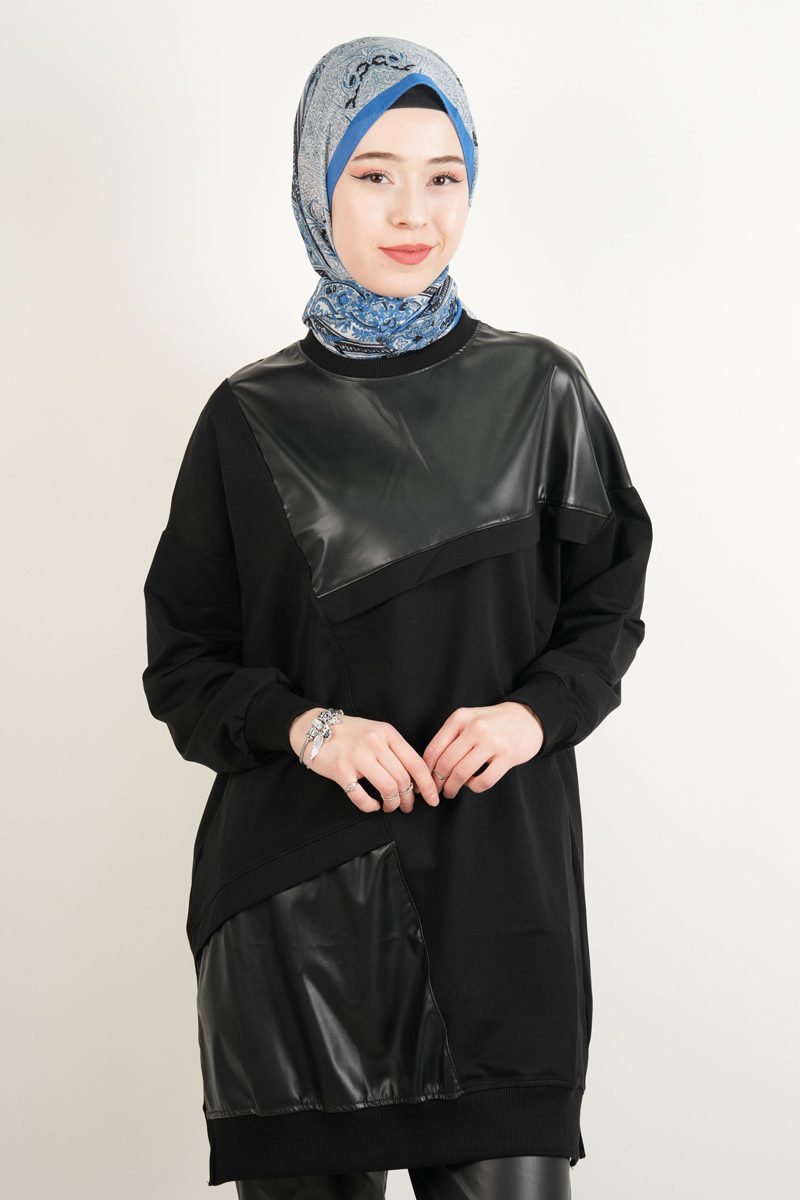 Tesettür Tunik Deri Detaylı Tunik Siyah - 1
