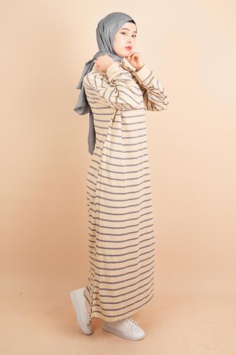 Uzun Tesettür Sweat Elbise Dik Yaka Yarım Fermuarlı 2 İplik Sweat Elbise Gri - 03Kız Kulesi Teks (1)