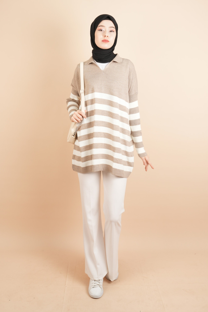 V Yakalı Üst Gömlek Yaka Çizgili Basic Tunik Kazak Açık Kahverengi - 2