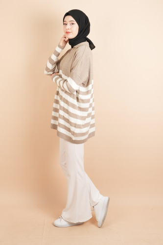 V Yakalı Üst Gömlek Yaka Çizgili Basic Tunik Kazak Açık Kahverengi - 3