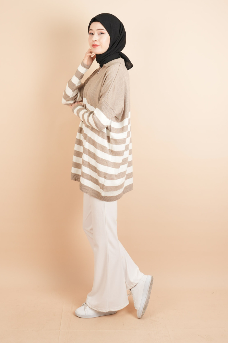 V Yakalı Üst Gömlek Yaka Çizgili Basic Tunik Kazak Açık Kahverengi - 3