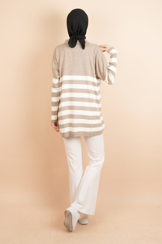 V Yakalı Üst Gömlek Yaka Çizgili Basic Tunik Kazak Açık Kahverengi - 4