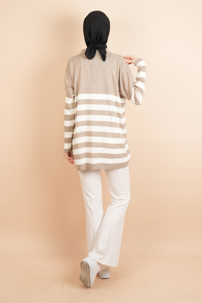 V Yakalı Üst Gömlek Yaka Çizgili Basic Tunik Kazak Açık Kahverengi - 4