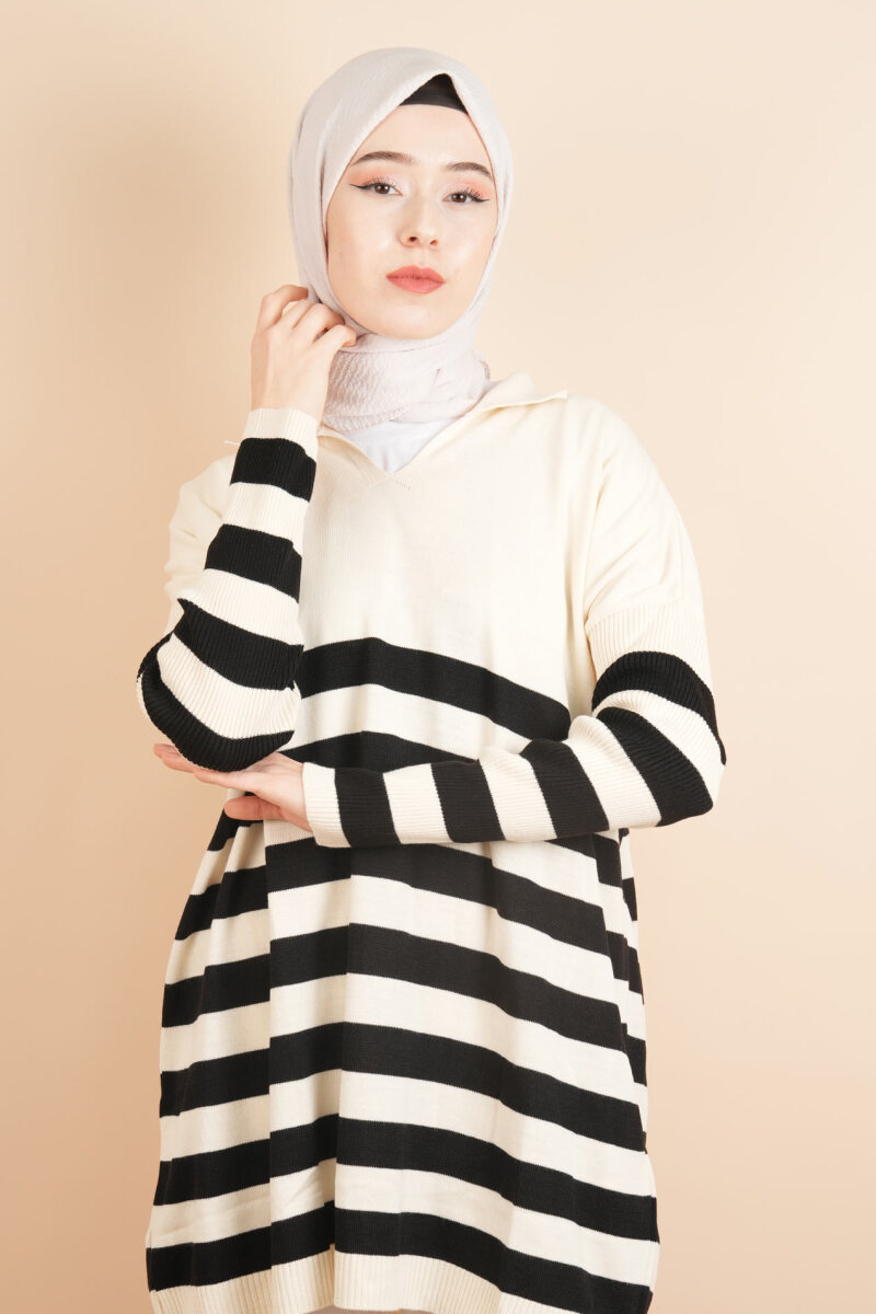 V Yakalı Üst Gömlek Yaka Çizgili Basic Tunik Kazak Bej - 1