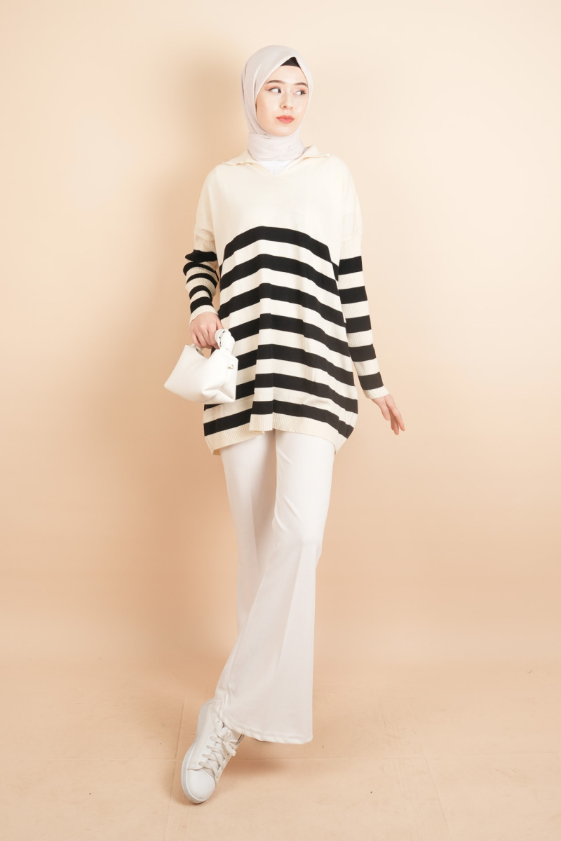 V Yakalı Üst Gömlek Yaka Çizgili Basic Tunik Kazak Bej - 2