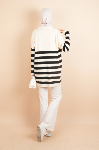 V Yakalı Üst Gömlek Yaka Çizgili Basic Tunik Kazak Bej - 4