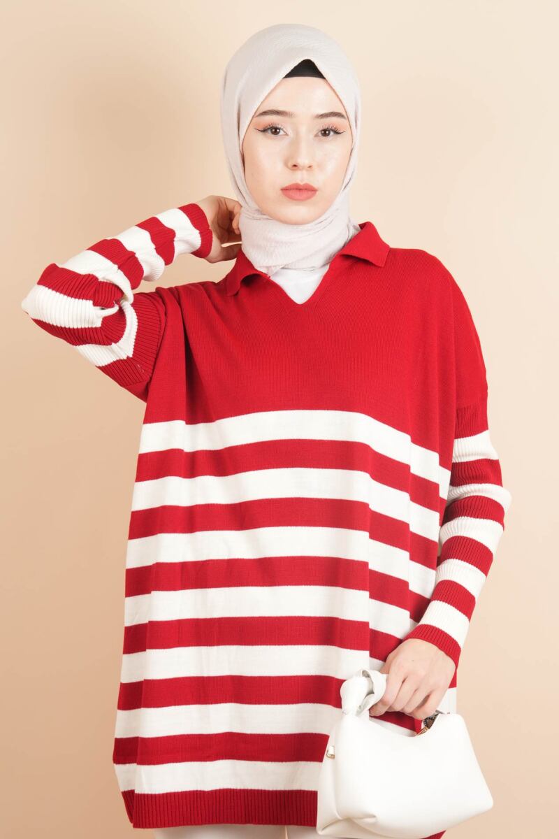V Yakalı Üst Gömlek Yaka Çizgili Basic Tunik Kazak Kırmızı - 1